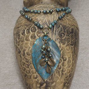 Lightweight Turquoise and Gold Bead Necklace with Large Turquoise Patina Metal L